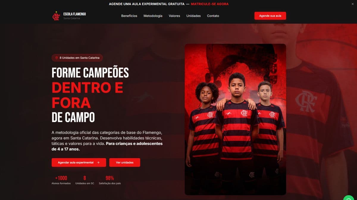 Site institucional da Escola Flamengo Santa Catarina, projeto Fundação Digital