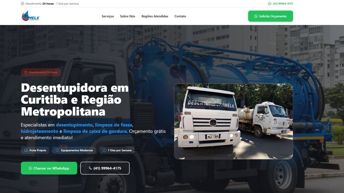 Site institucional da Desentupidora Melk — desentupidora e limpa-fossa em Curitiba, projeto Fundação Digital